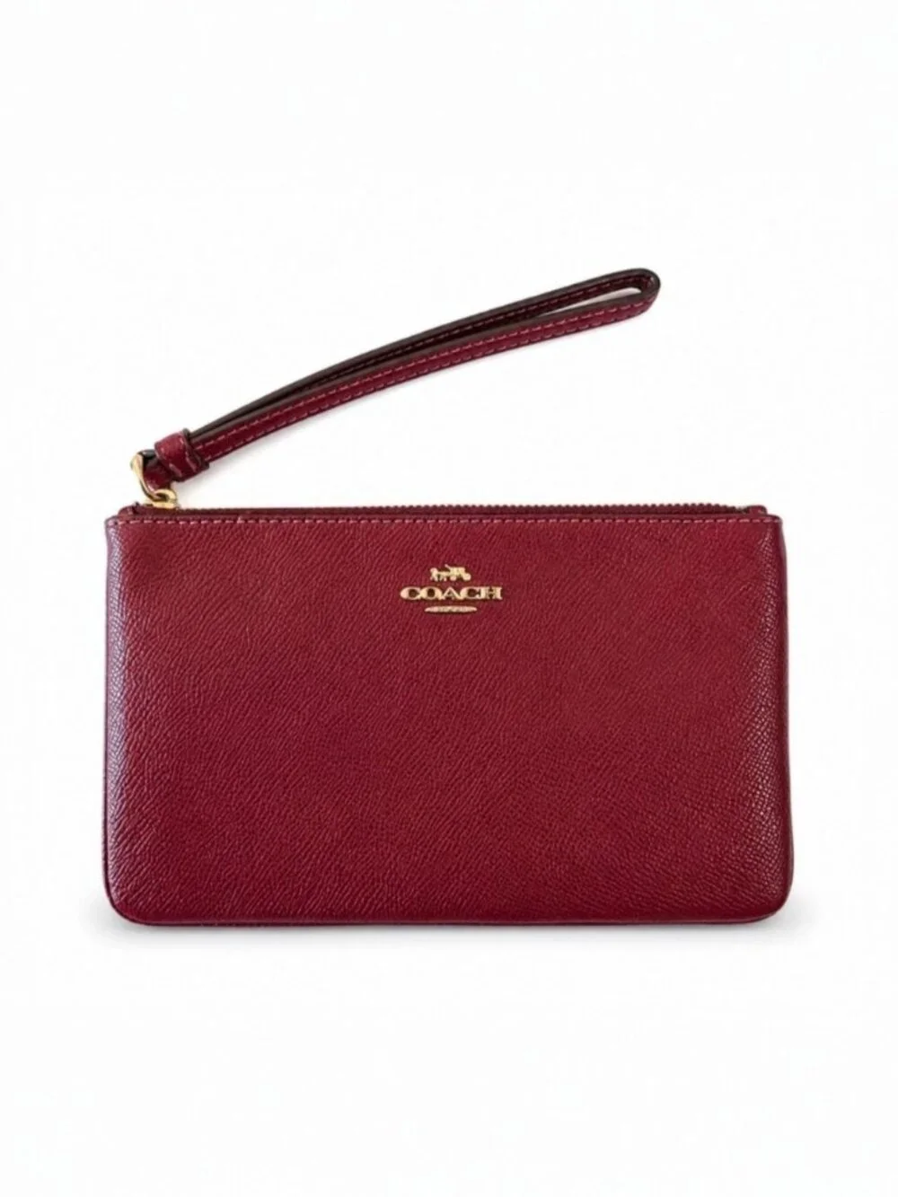Coach Oxblood Pebbled Leather Wristlet Wallet Clutch Zip Pouch Burgundy Red